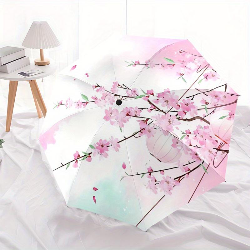 Cherry Blossom Lanterns Automatic Folding Umbrella  8 Ribs, Durable Iron Frame, Bright Color Pattern Compact Travel Umbrella, Suitable for O