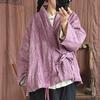 Parka chaude avec ceinture de Style chinois pour femme, manteaux à manches longues et col en v, en lin, Vintage, couleur unie, automne