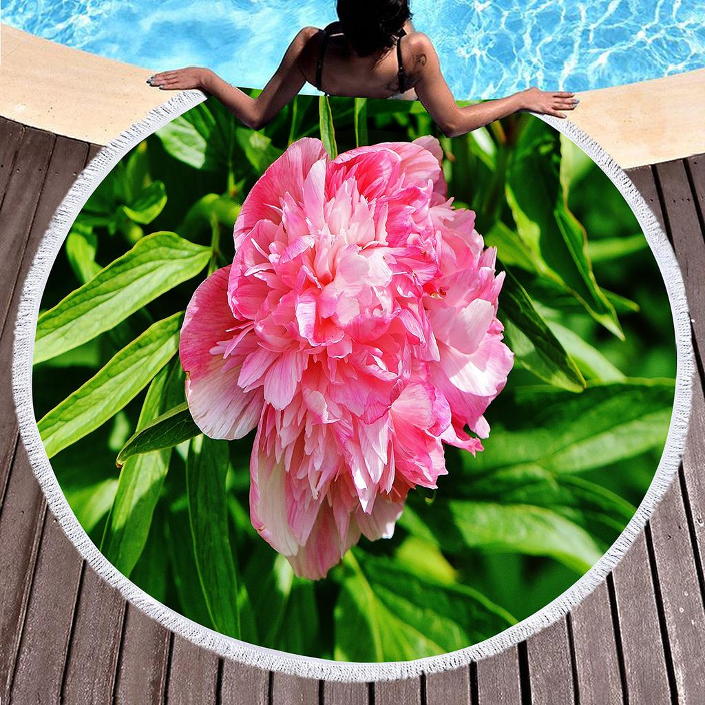 Botanical Peony Floral Round Beach Towel,Microfiber Sand Resistant Beach Blanket,Soft Absorbent Quick Dry Pool Towel Picnic Mat
