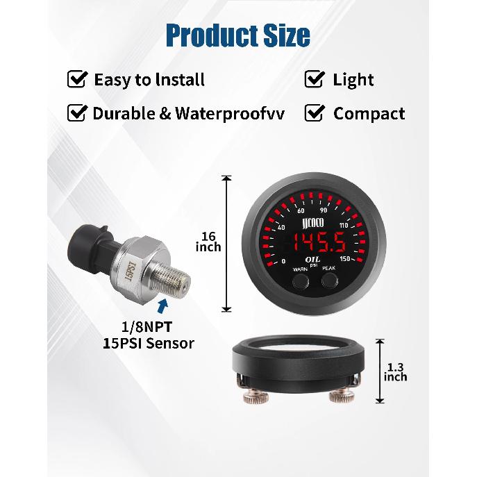 JJCOCO Universal Ultra-thin Electronic Fuel Pressure Gauge With 1/8 Npt Sensor Oil pressure Meter Red display Digital 0-15Psi