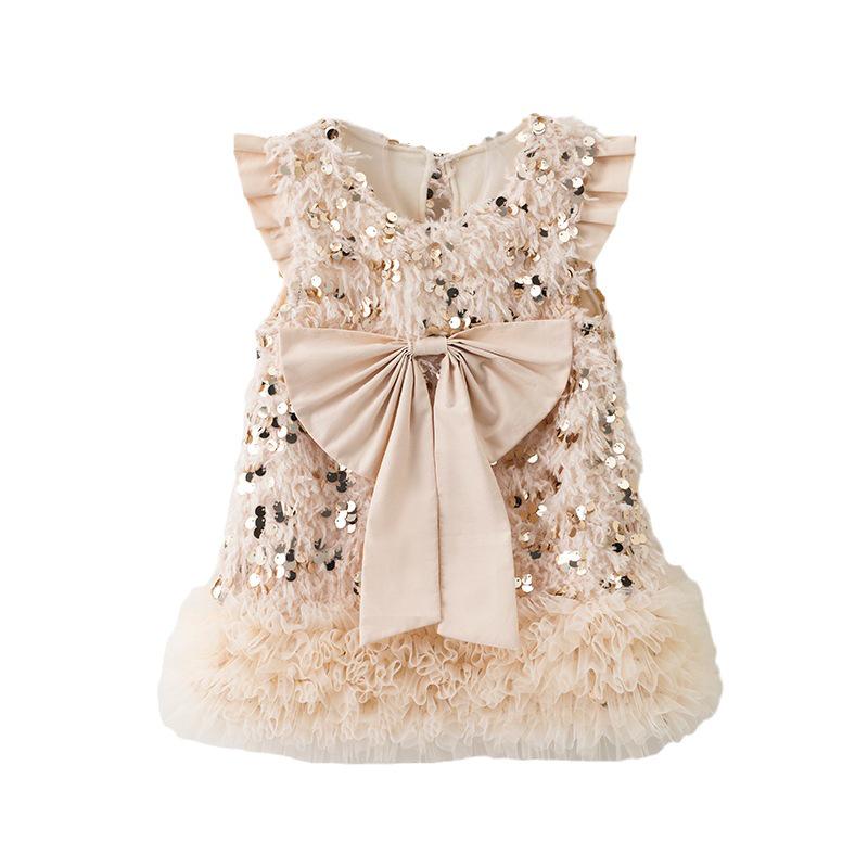 Baby Girl's Fluffy Sequin Bow Vest Dress - Korean Style Spring Party Princess Outfit