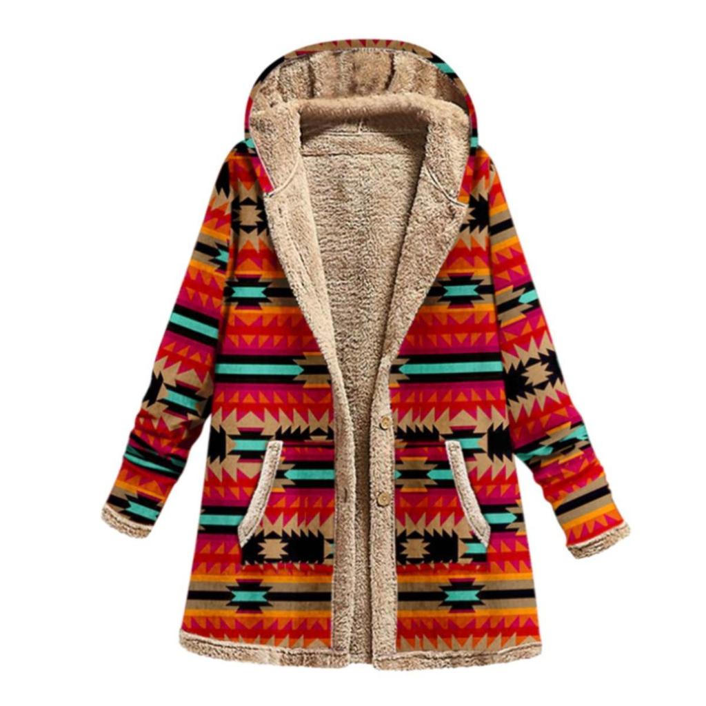 Winter New Women's Cotton Linen Printed Hoodie Warm Fleece Coat Fashion Outerwear
