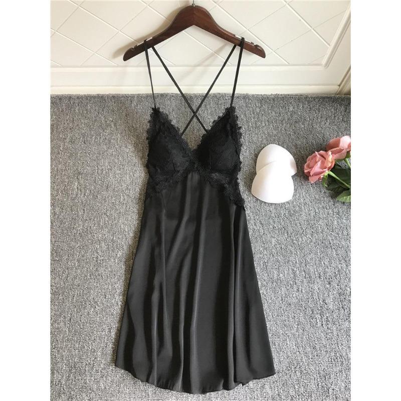 

Pajama female summer sexy with chest pad backless lace thin new nightgown two-piece set beautiful back suspender pajamas XXL чорний