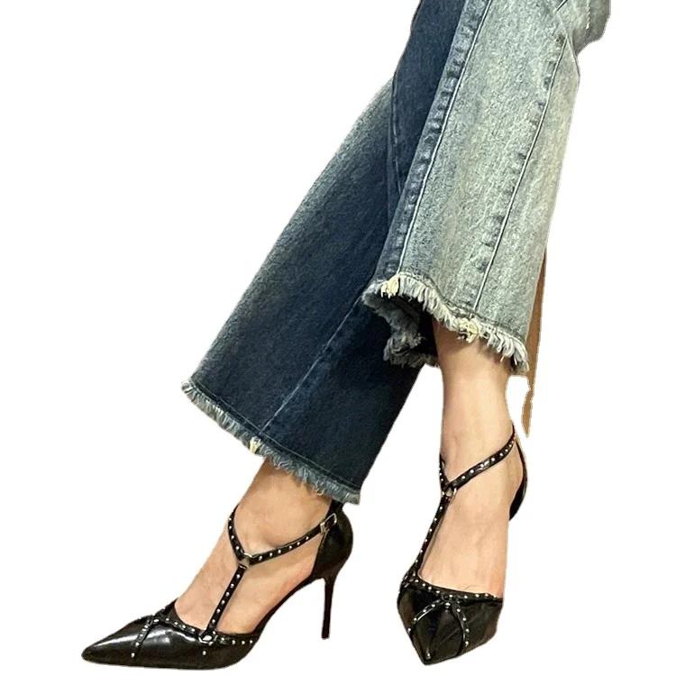Fashion French Vintage Pointy Riveted High Heels for Women 2025 Spring and Autumn New Skinny with Punk Style with Sexy Single Shoes