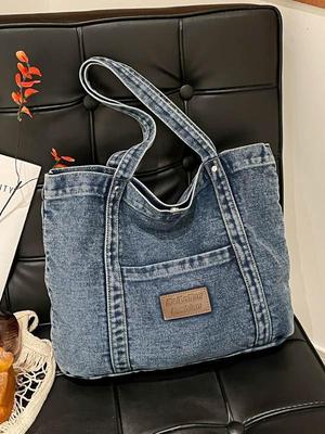 2026 Trendy Stor Kapacitet Denim Tote Taske - Afslappet og Moderigtig Skuldertaske til Arbejde og Pendling