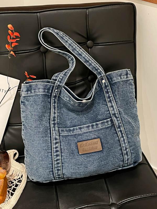2026 Trendy Large Capacity Denim Tote Bag - Casual and Fashionable Shoulder Bag for Work and Commute