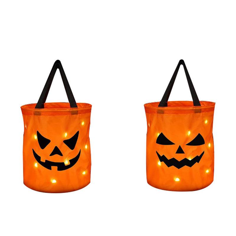 2025 Halloween Trick Or Treat Bags Orange Pumpkin Buckets With Led Light Candy Bucket For Kids Halloween Glow Party Supplies