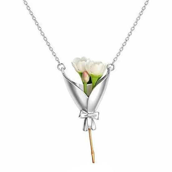 Yousheng Flower Bouquet Necklace Pendant Metal Floral Gift Box Design with Bow Decoration Lightweight Necklace for Women Romantic Jewelry Gift