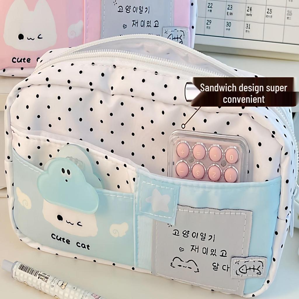 Tongxin Multi-Layer Blue Polka Dot Kitten Ita Bag Pencil Case - Versatile, Large-Capacity Stationery Holder