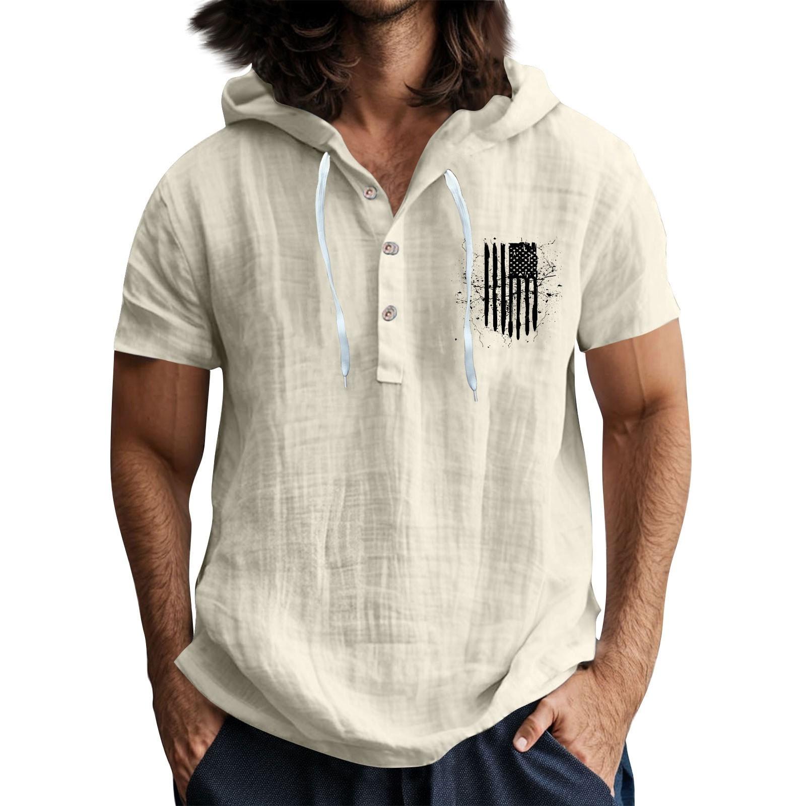 Мужская повседневная футболка с короткими рукавами, капюшоном и открытым воротом на пуговицах S бежевый