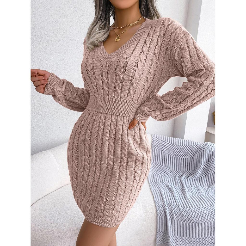 Damen Pulloverkleider Cocktail V-Ausschnitt Strickkleid Pullover Etuikleid