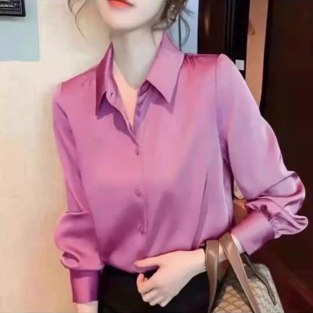 Korean Commute Spring Autumn Satin Blouses Women's Polo Neck Solid Button Loose Ruched Long Sleeve Casual All-match Shirts