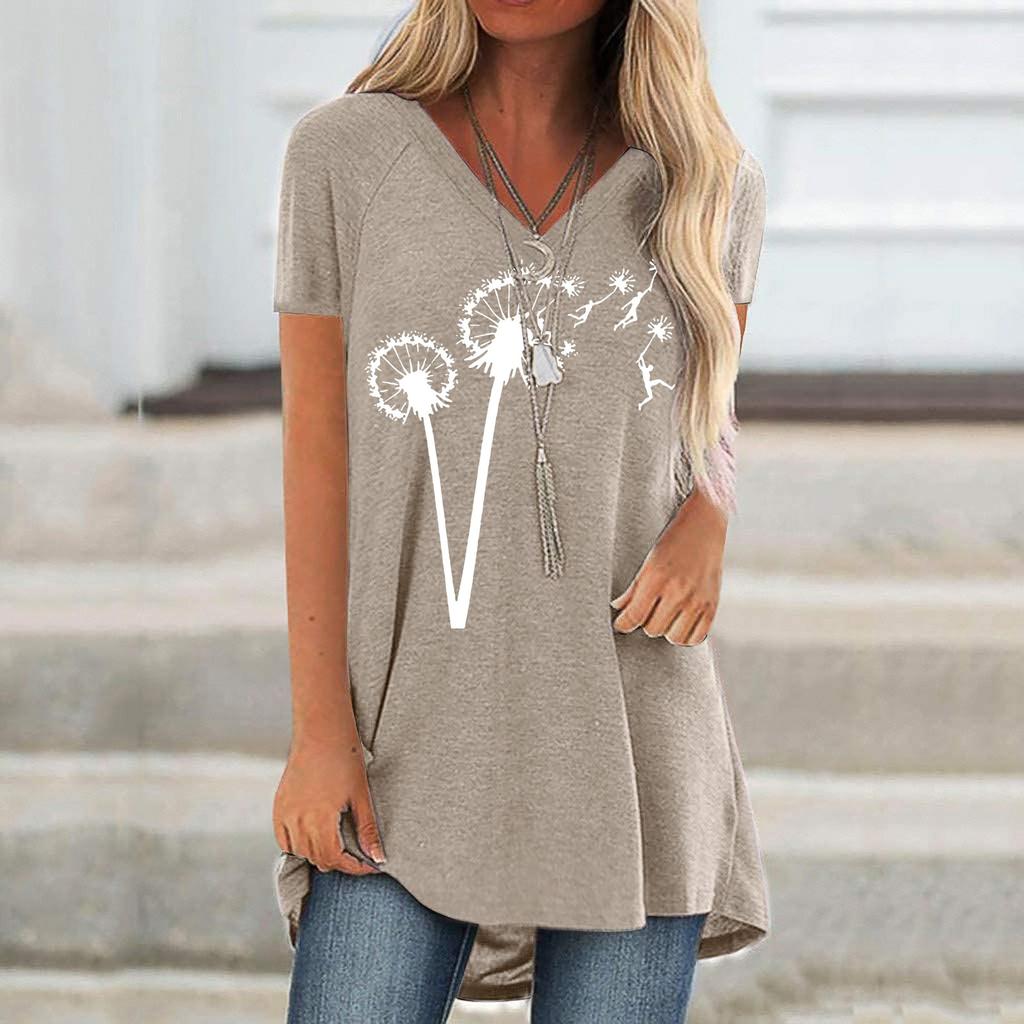 Women Fashion Casual Print V-Neck Loose Short Sleeve T-shirt Top Blouse Pullover