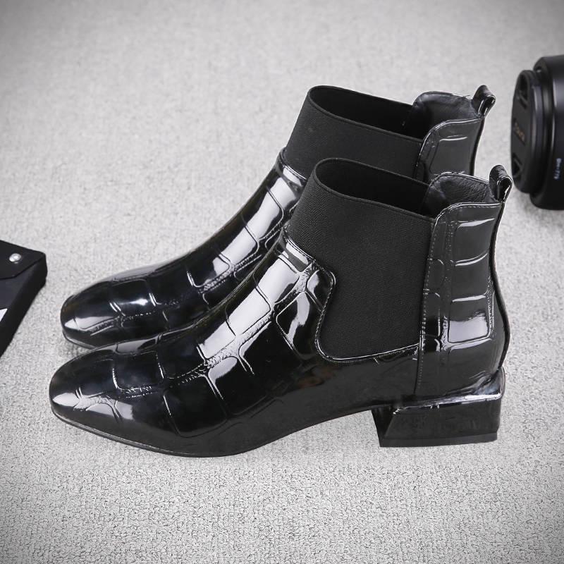 Chelsea Booties Ankle Boots Women Short Patent Leather Thick High Heels Botas Winter Shoes