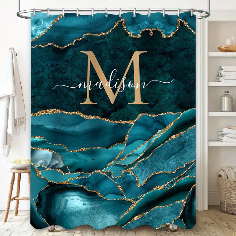 Luxury Marble Shower Curtain with Personalized Initials Waterproof Fabric for Bathroom Decorations Green Gold Color Combination
