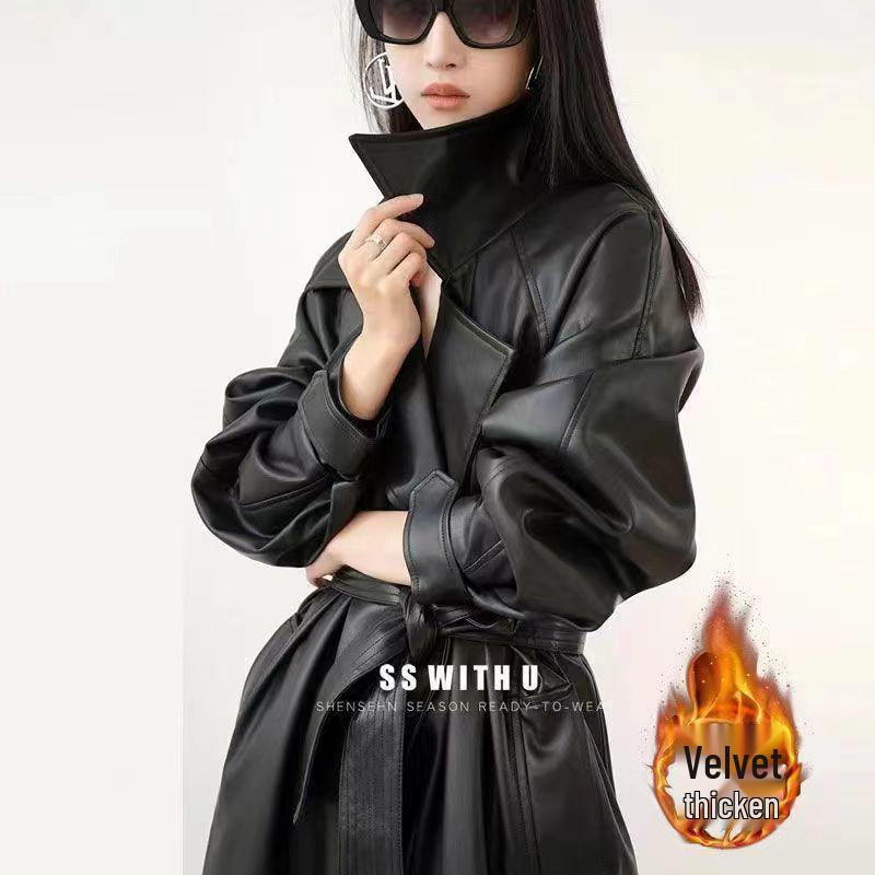 Women's Mid-Length Leather Jacket: European & American Style, Autumn/Winter 2025, Plus Velvet, Thickened Trench Coat