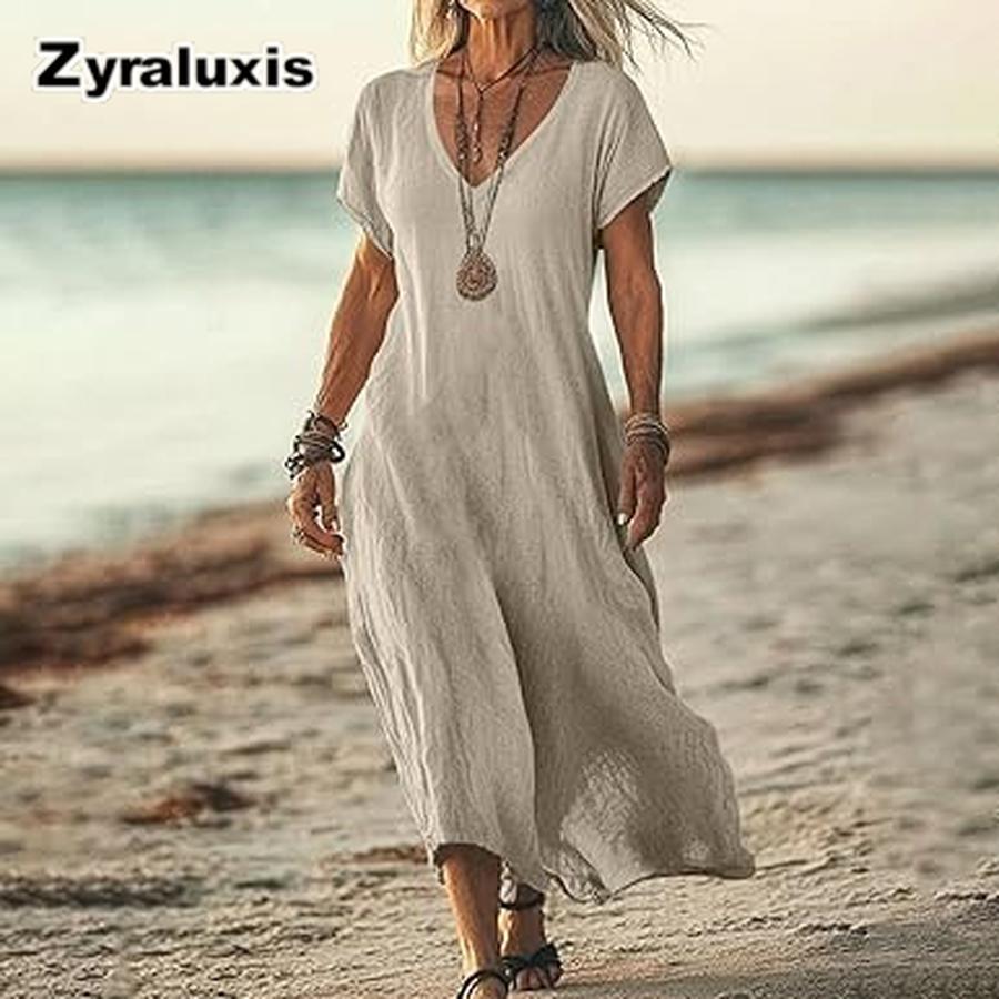 Oversized Solid Color V-Neck Cotton Linen Women's Dress for Women's Clothing