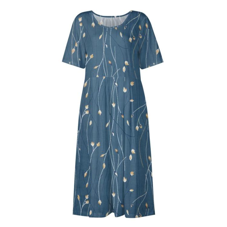 Summer Casual Printed Midi Dress Women Loose Short Sleeve Round Neck Pleated Basic Classic Daily Outdoor Dresses