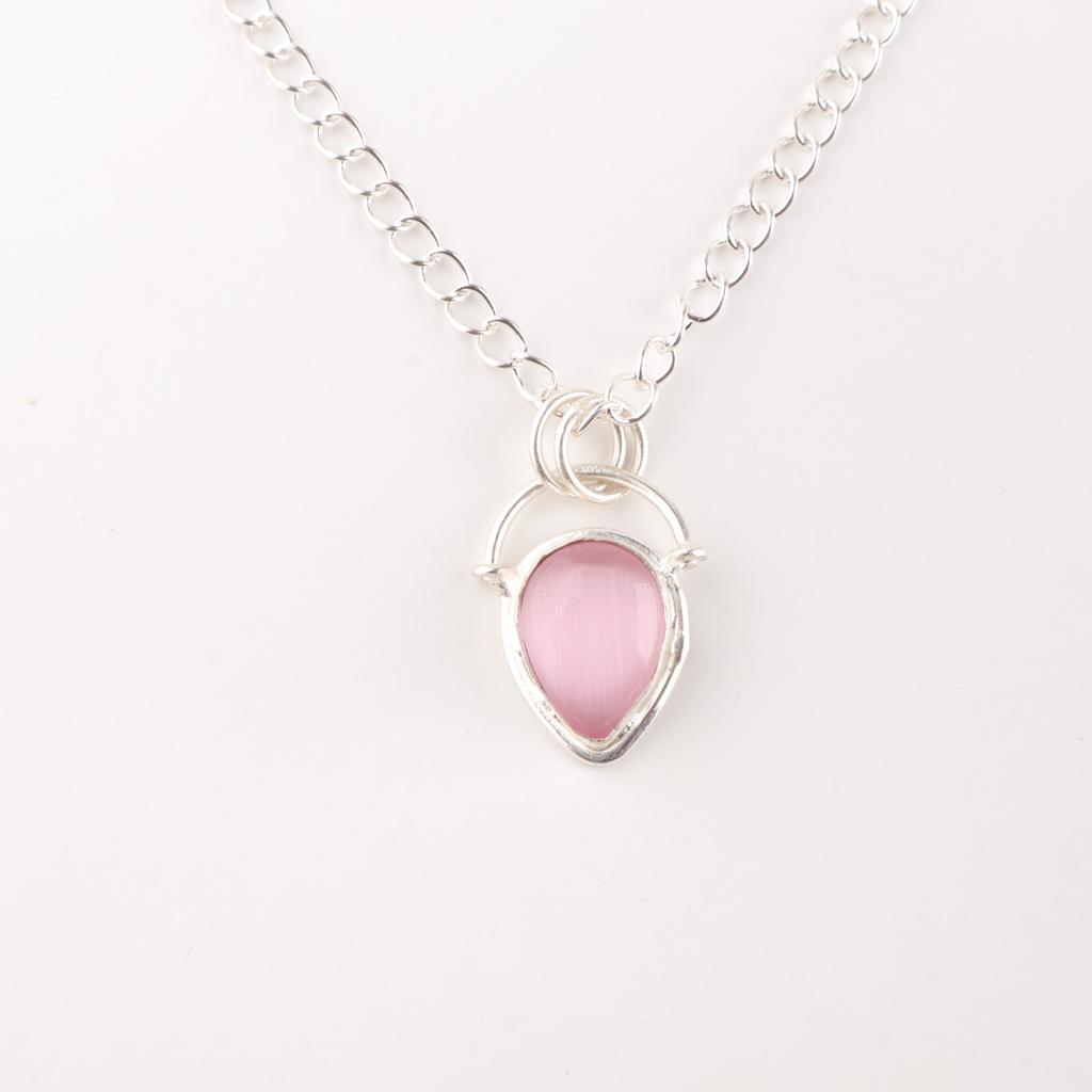 Pink Cat's Eye Gemstone 925 Sterling Silver Jewelry Handmade Pink Stone Pendant PP-56-36