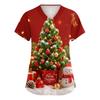 Women's V-Neck Scrub Top with Christmas Print Short Sleeve Pocket Side Slit Caregiver Uniform