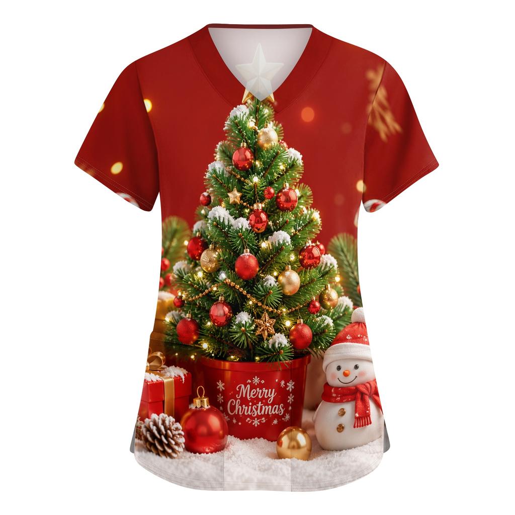 Women's V-Neck Scrub Top with Christmas Print Short Sleeve Pocket Side Slit Caregiver Uniform