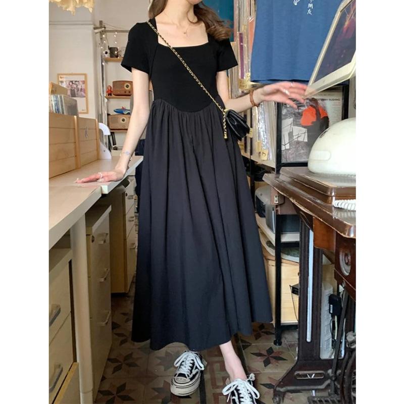 

Платье с квадратным вырезом, высокой талией и темпераментом, слегка полнящее, летнее новое корейское платье средней длины 2XL