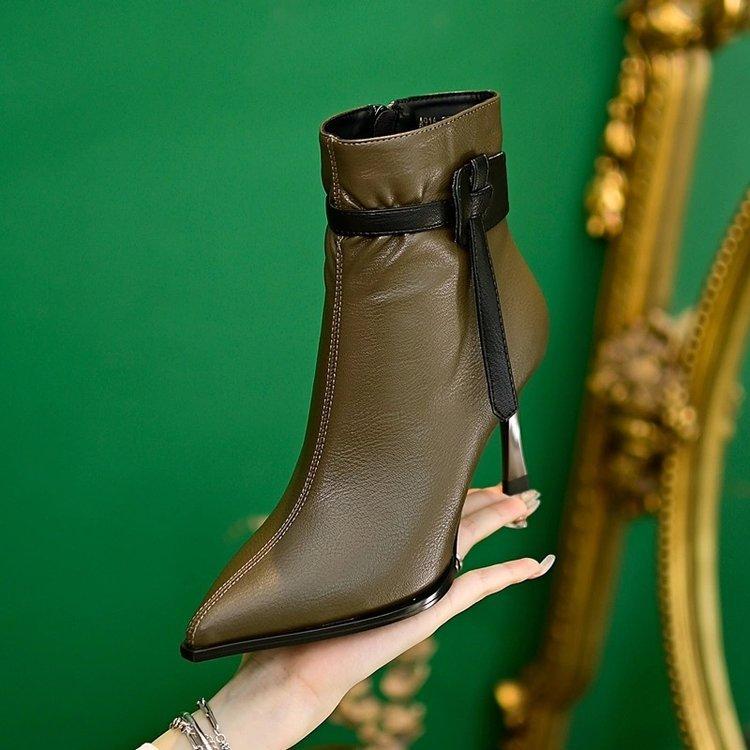 Popular French Temperament High-heeled Short Boots Women's Autumn and Winter New Pointed-toed Thin-heeled Fashion Boots Color Matching Small Thin Boo