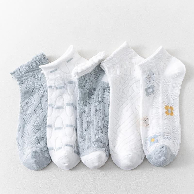 5/10 Pairs Comfortable Casual Spring Summer Socks for Women Mesh Lace Up Glass Silk Boat Socks Low Top Open Toe Breathable Short Socks