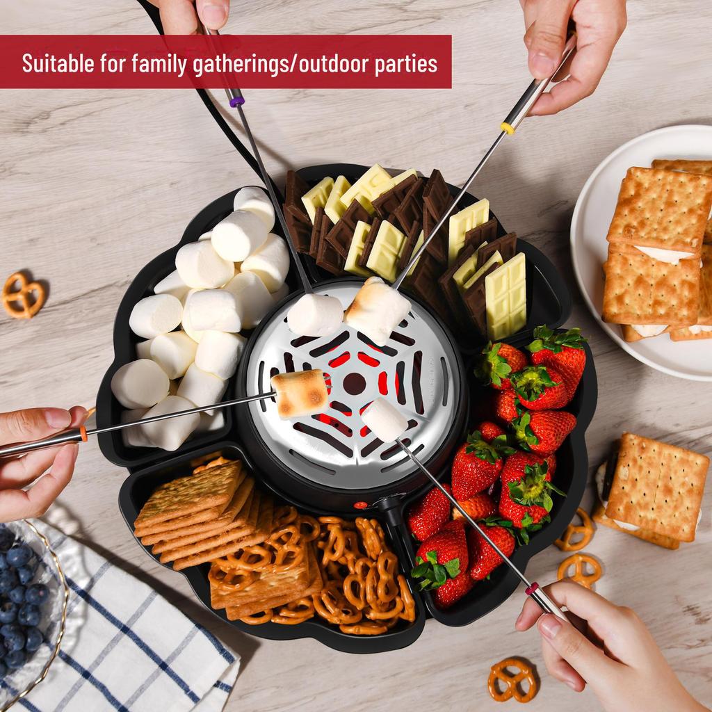 2025 Elektrischer Schmelztiegel für geröstete Marshmallows und Schokolade: Zwei-in-Eins-Käsefondue und Obstteller.