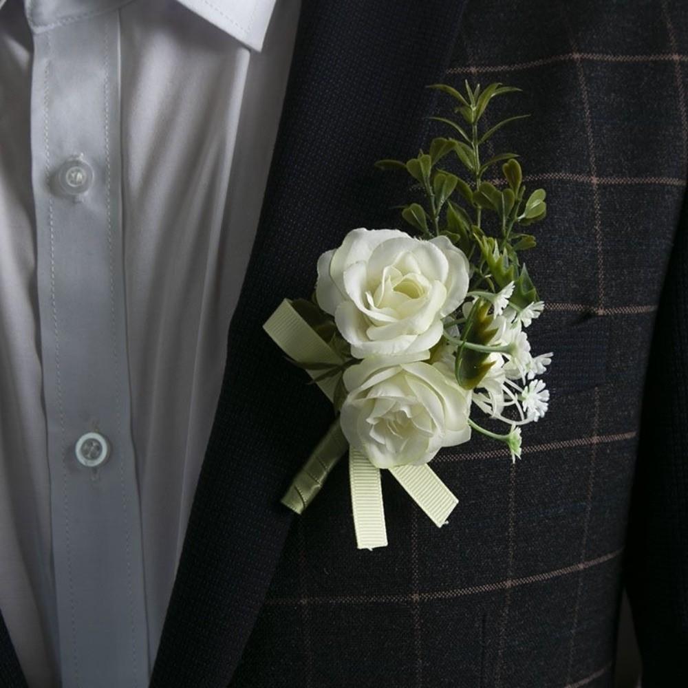 Elegant Artificial Boutonnieres Ivory Color Simulation Silk Rose Flowers  Wedding Accessories