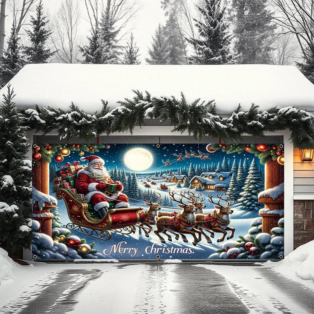 Bannière de porte 2D 1 bannière festive du Père Noël et de son traîneau tiré par des rennes - polyester durable Décoration de Noël
