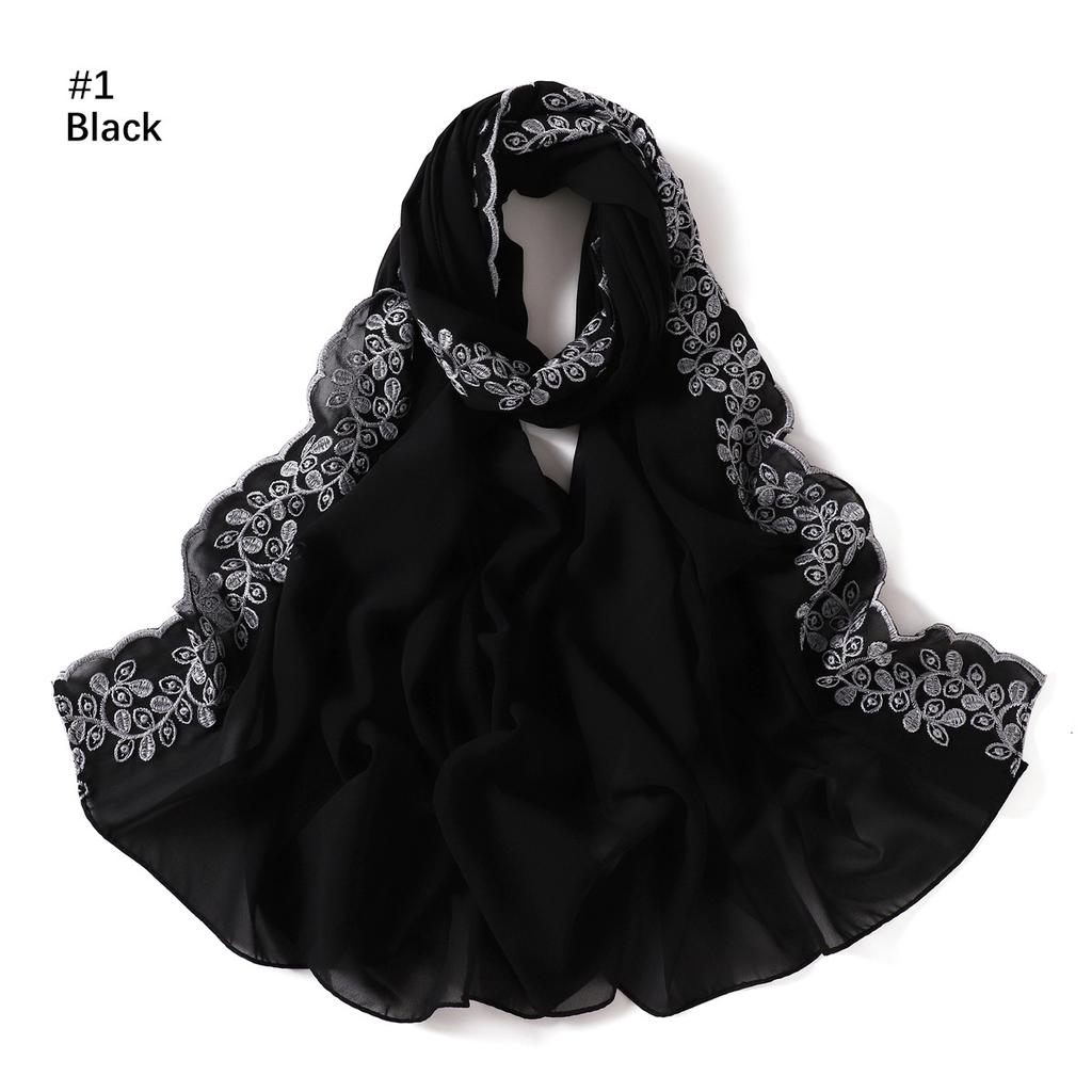 Embroidery Lace Chiffon Hijabs For Women Vine Heavy Pearl Industry Edge Long Scarf Light Scarf Headscarf Shawl Turban Ramadan