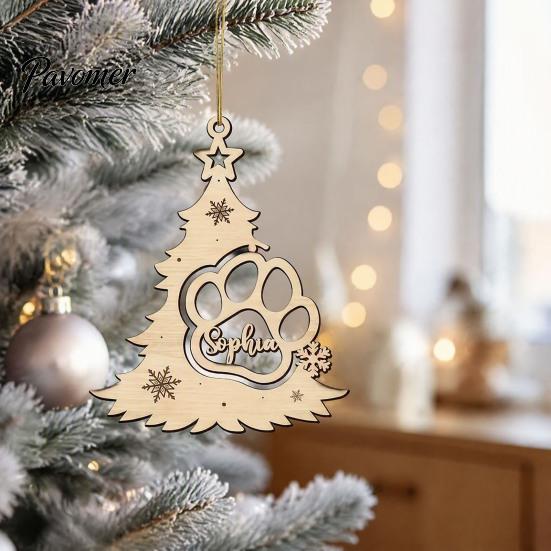 Rustic Christmas Decor for Home Wood Tree Pendant with Paw Print, Hollow Engraved Hanging Creative Wooden Pet Pendants Ornament, Style Craft