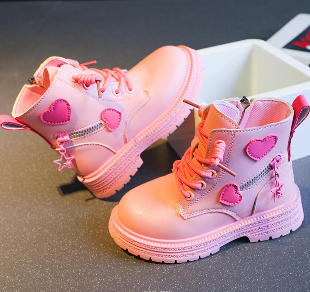 Fashion Girls Boots Kids Fashion Rubber Boots Cool Girl Autumn and Winter Cotton Soft Sole Pink with Love Side Zip Princess Round-toe PU