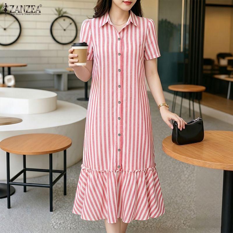 ZANZEA Women Casual Turn Down Collar Short Sleeve Stripe Shirt Dress
