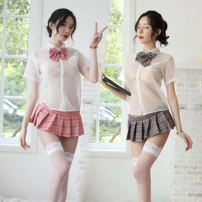 Sexy lingerie girls' school wear transparent shirt short skirt girls' uniform suit pure and sweet temptation tight
