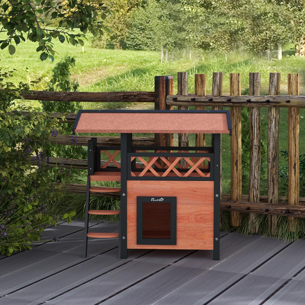 Cat House Outdoor W/ Balcony Stairs Roof, 77 X 50 X 73 Cm, Brown