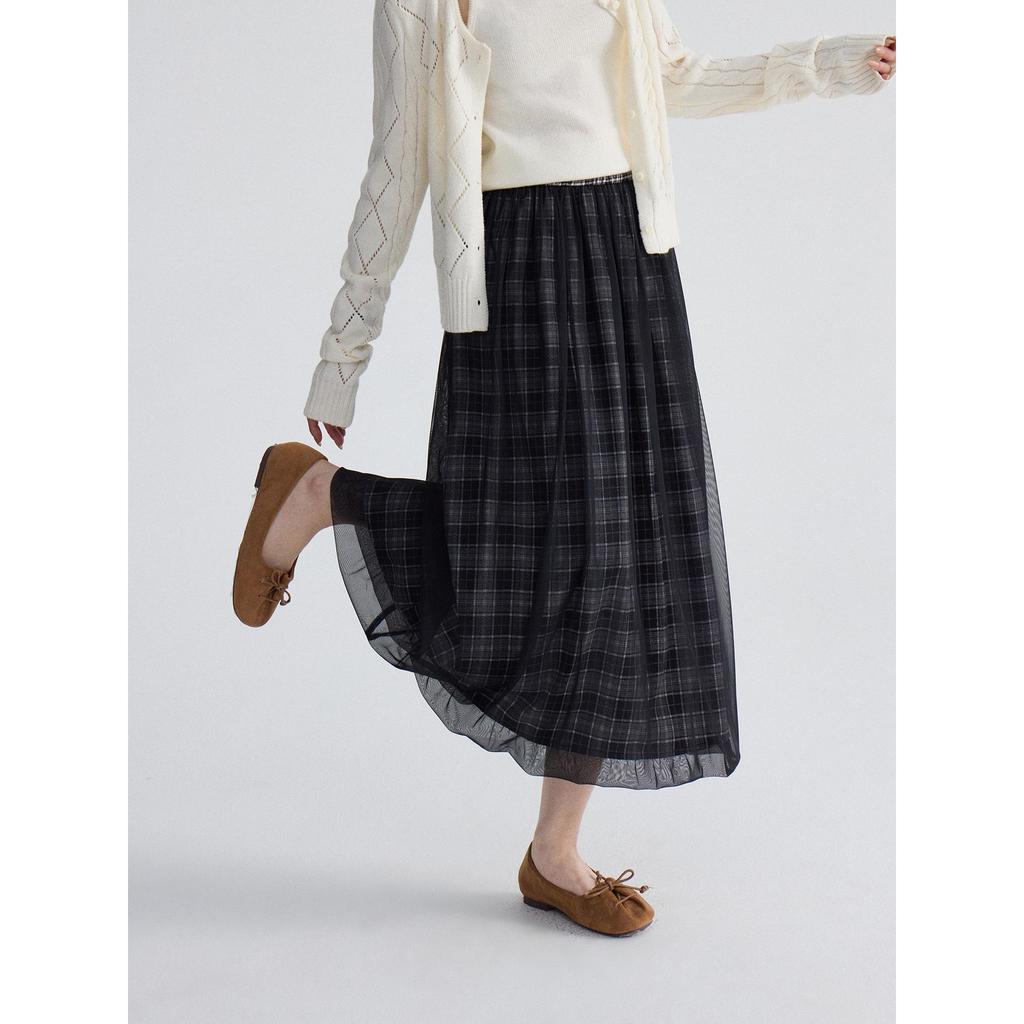 Ge Ming Retro Plaid Mesh Patchwork A-line Mid-length Skirt for Women - Spring Style