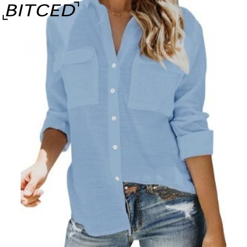 

BITCED Spring/Summer Women s Pocketed Solid-Colour Button-Down Loose-Fit Long-Sleeved Shirt XXL світло-синій колір