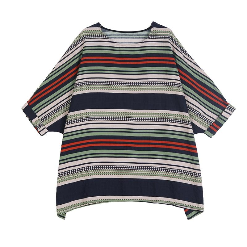 

Хлопковые винтажные полосатые повседневные свободные длинные топы больших размеров с короткими рукавами, женская летняя футболка