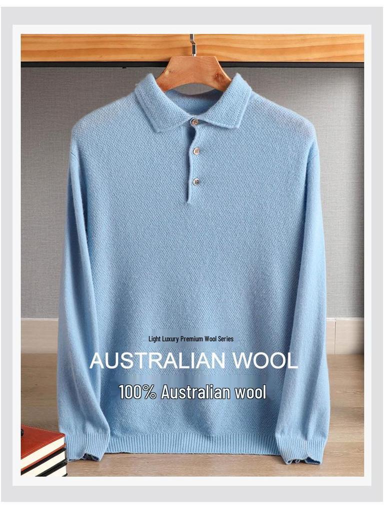 Men's Knitted Pure Wool Polo Shirt - Long-Sleeve Turn-Down Collar for Business Casual Wear