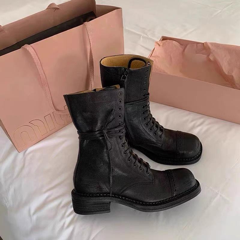 

Cowhide grape mother same leather Martin boots women s autumn and winter Maillard western boots thick heel medium tube retro short boots 35