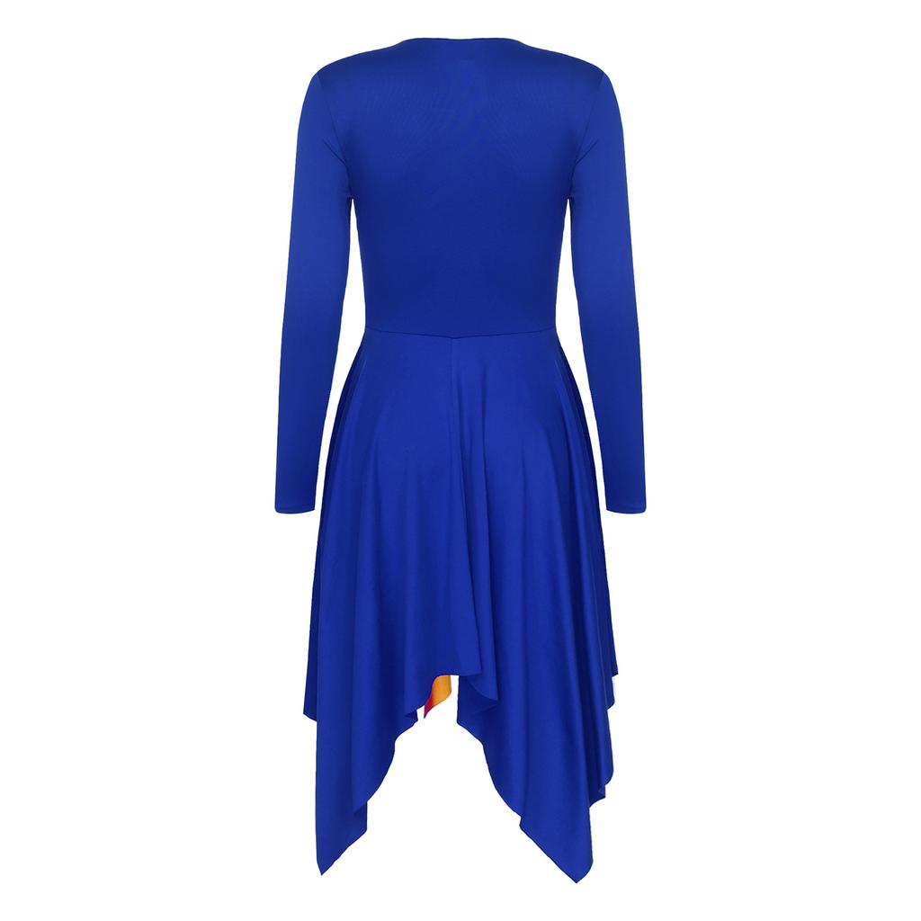 Abito da danza liturgica da donna - Abito patchwork metallizzato con pantaloni a gamba larga, orlo asimmetrico e maniche lunghe per esibizioni in chiesa