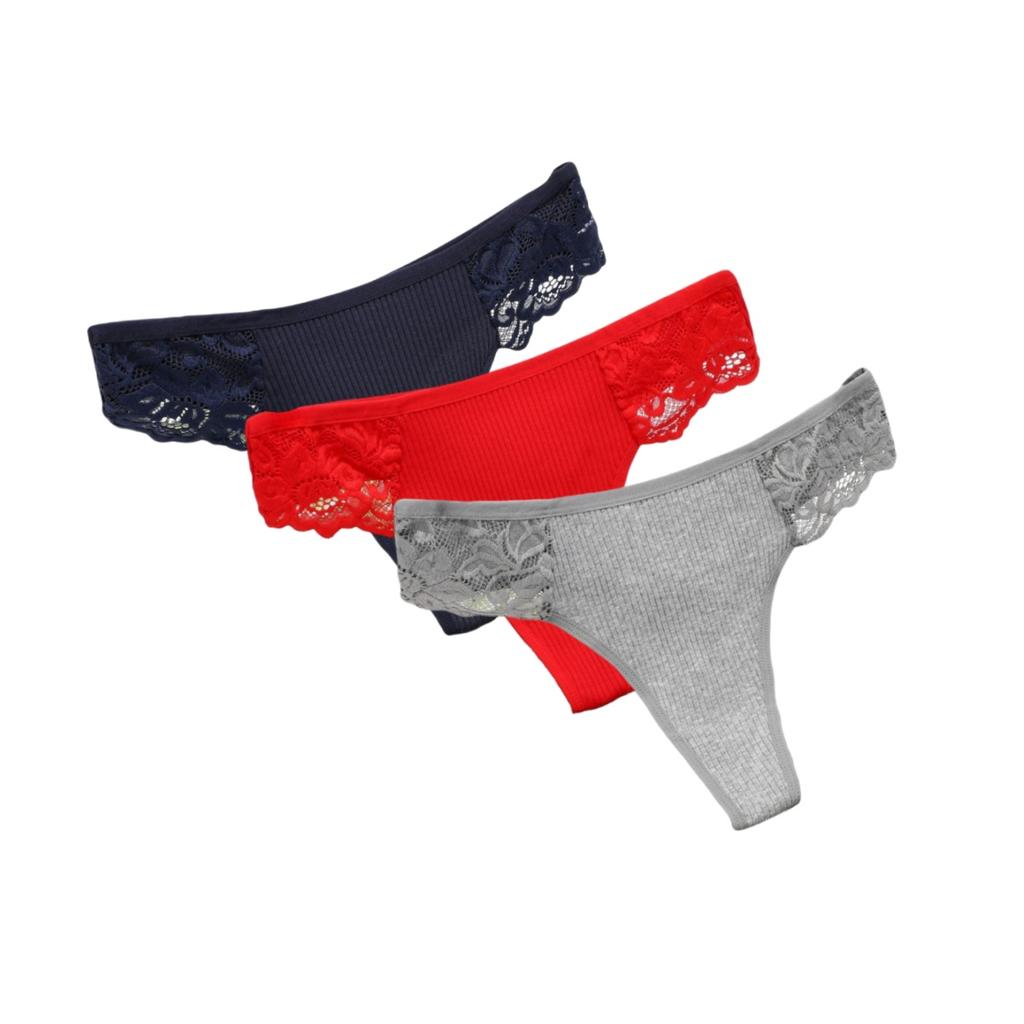 3Pcs/Set Women Cotton G-string Panties Female Underpants Breathable Underwear Solid Color Thongs Lace Trim Comfort Sexy Lingerie