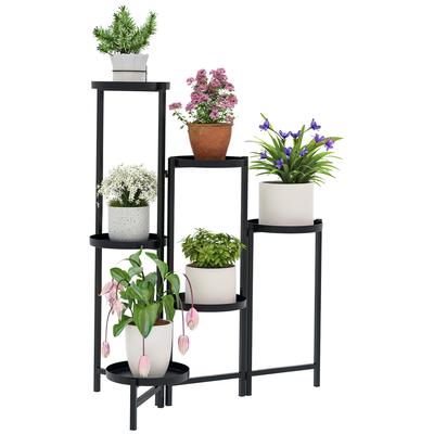 Flower Pot Stand, Plant Stand with 6 Adjustable Round Tiers, Corner Stand for Plant Pots, Metal, Black