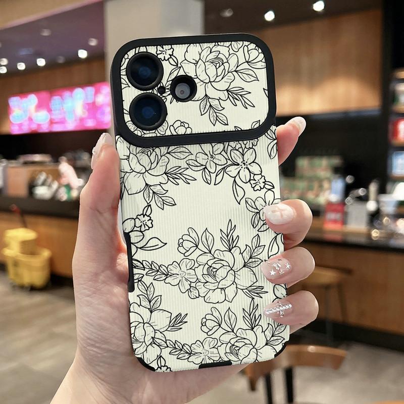 Floral Plants Printed Vertical Grain Leather Soft Silicone Phone Case Back Cover with Camera Lens Full Protection for iPhone 17