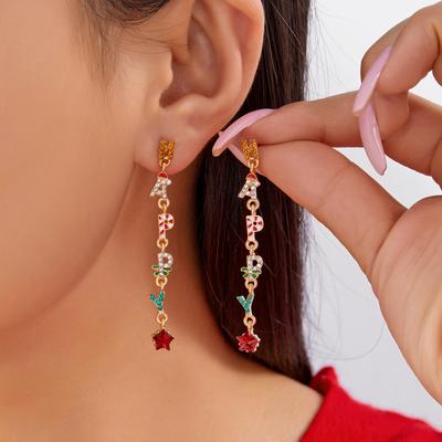 New European and American Style Christmas Earrings, Fashionable and Versatile, Colorful Rhinestone-encrusted Letter HAPPY Tassel Earrings for Women.