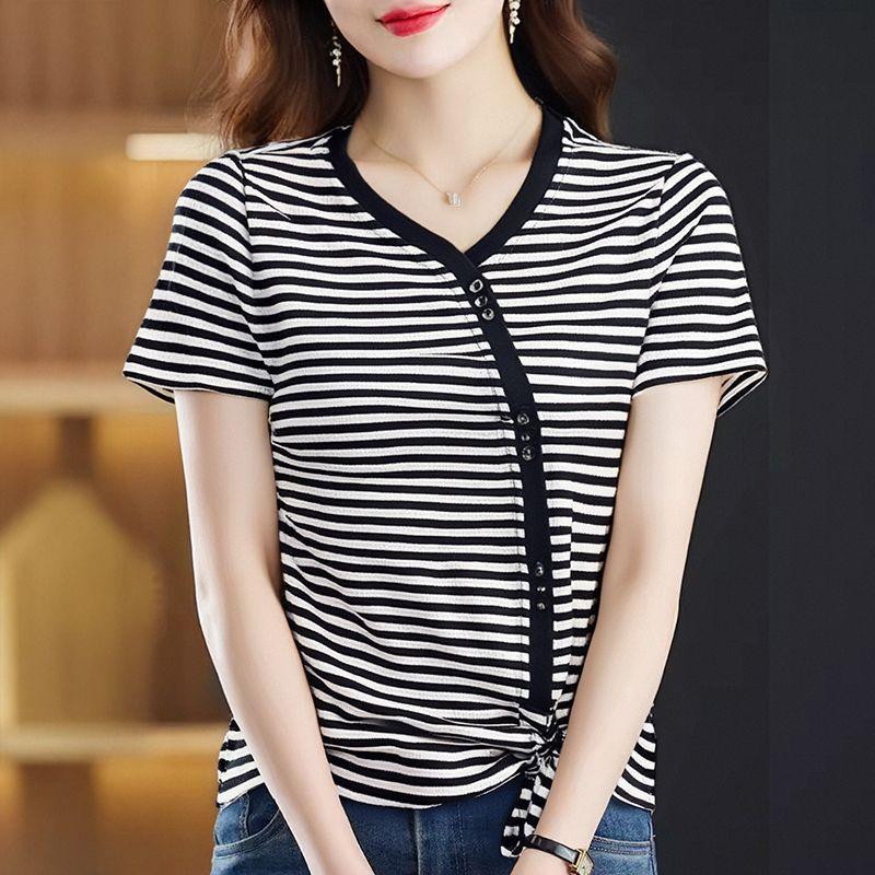 

Летняя новая футболка с коротким рукавом и кулиской, женская, французский V-образный вырез, короткий рукав, нишевый шик, полосатый топ 5XL чёрный