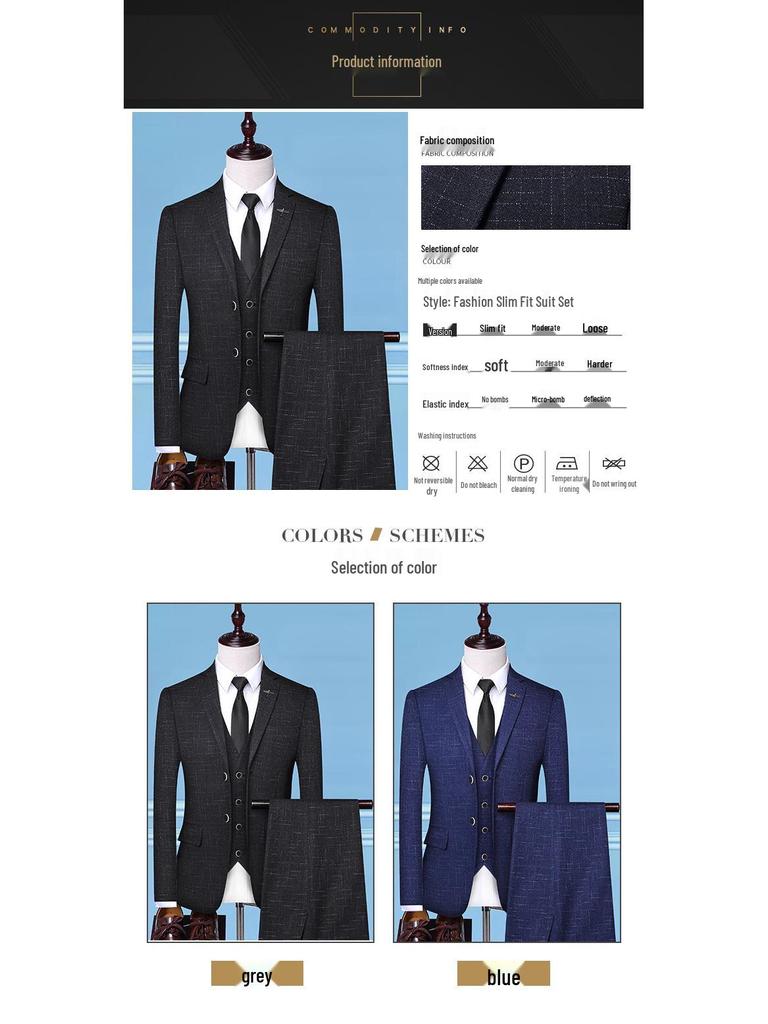 New Men's Slim Fit Korean Style Spring Casual Three-Piece Suit Blazer