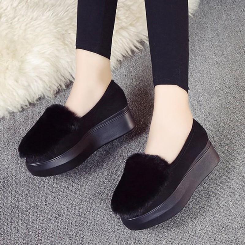 Zimní dámské boty Mokasíny Plus Size Creepers Plochá platforma Fleecové boty Nazouvací Ploché kožešinové boty pro ženy Mokasíny